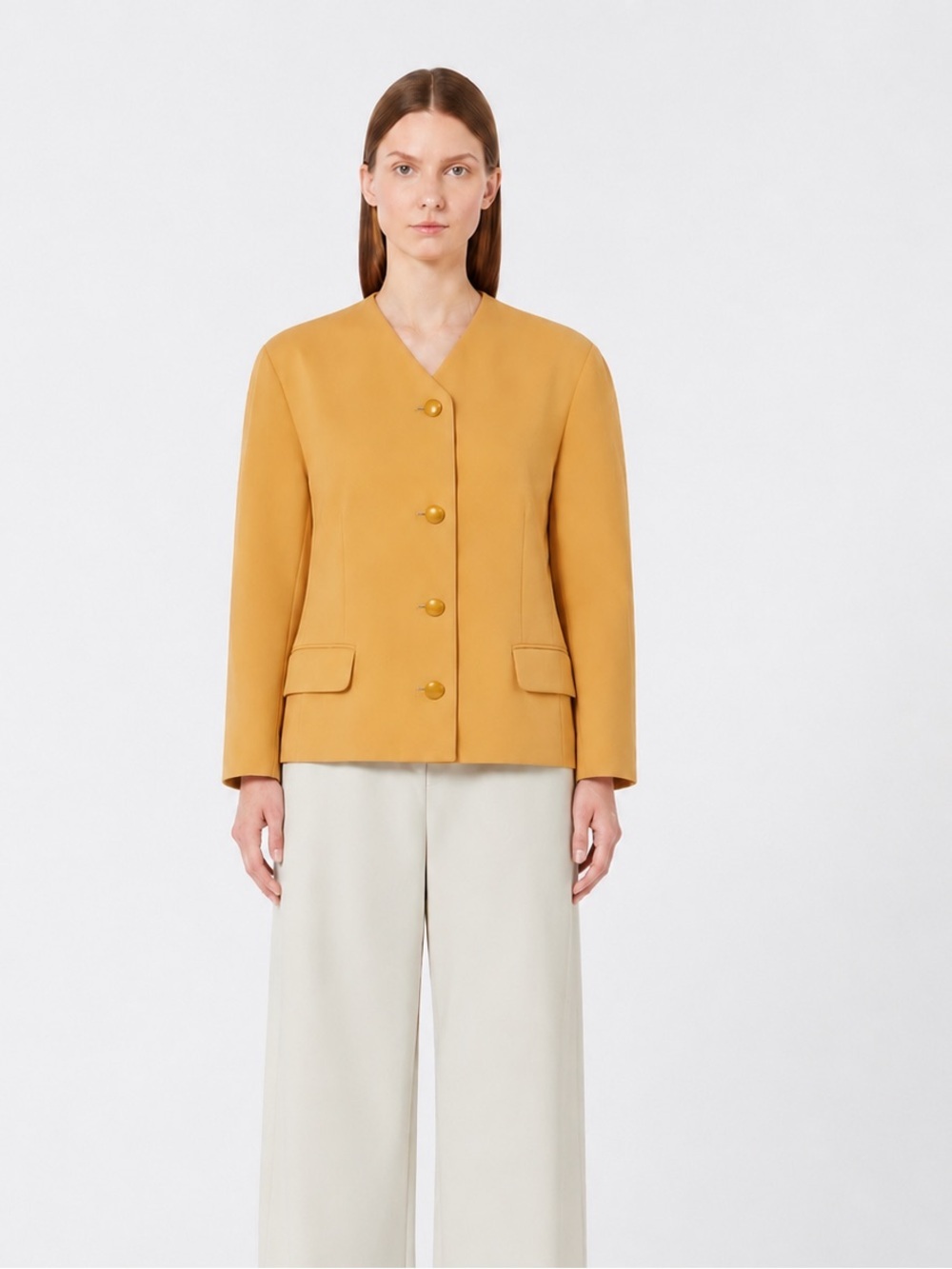 Vintage Maxmara Butter Mustard Yellow Wool Round Shoulder v-neck Blazer US 10 L